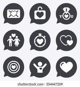 Love, valentine day icons. Target with heart, oath letter and locker symbols. Couple lovers, boyfriend signs. Flat icons in speech bubble pointers.