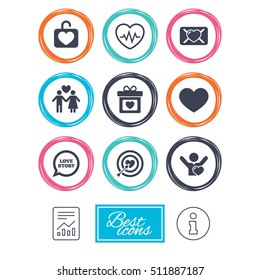 Love, valentine day icons. Target with heart, oath letter and locker symbols. Couple lovers, heartbeat signs. Report document, information icons. Vector