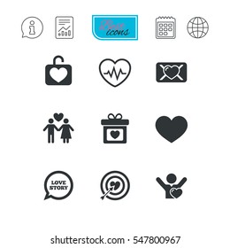 Love, valentine day icons. Target with heart, oath letter and locker symbols. Couple lovers, heartbeat signs. Report document, calendar and information web icons. Vector
