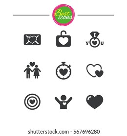 Love, valentine day icons. Target with heart, oath letter and locker symbols. Couple lovers, boyfriend signs. Classic simple flat icons. Vector