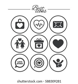 Love, valentine day icons. Target with heart, oath letter and locker symbols. Couple lovers, heartbeat signs. Classic simple flat icons. Vector