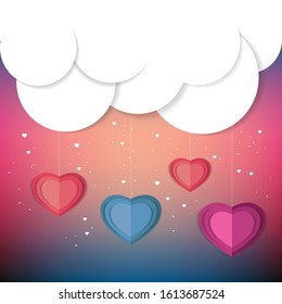 Love and valentine day illustration. Clouds and hearts background.