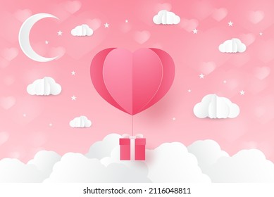 Love and Valentine day, Lovers stand and a paper art heart shape balloon floating in the sky. craft style.
