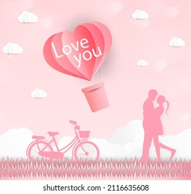 Love and Valentine day, Lovers stand in the meadows and a paper art heart shape balloon floating in the sky. craft style.