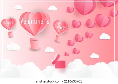 Love and Valentine day, Lovers stand and a paper art heart shape balloon floating in the sky. craft style.