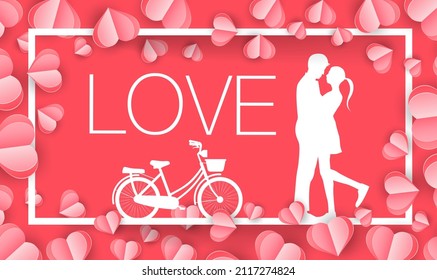 Love and Valentine day, Lovers stand in the meadows and a paper art heart shape balloon floating in the sky. craft style.