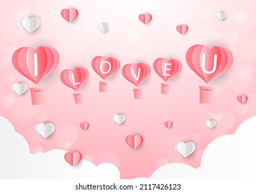 Love and Valentine day, Lovers stand and a paper art heart shape balloon floating in the sky. craft style.