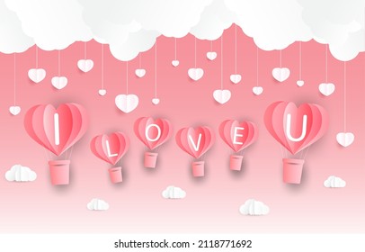 Love and Valentine day, Lovers stand and a paper art heart shape balloon floating in the sky. craft style.