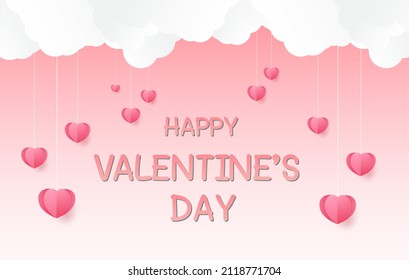 Love and Valentine day, Lovers stand and a paper art heart shape balloon floating in the sky. craft style.