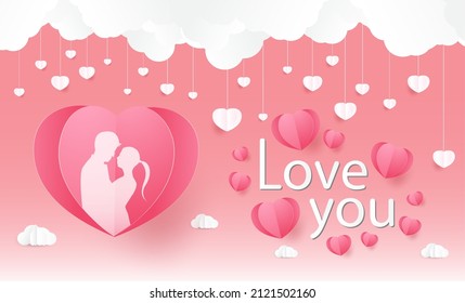 Love and Valentine day, Lovers stand and a paper art heart shape balloon floating in the sky. craft style.