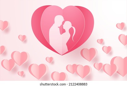 Love and Valentine day, Lovers stand and a paper art heart shape balloon floating in the sky. craft style.