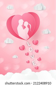 Love and Valentine day, Lovers stand and a paper art heart shape balloon floating in the sky. craft style.