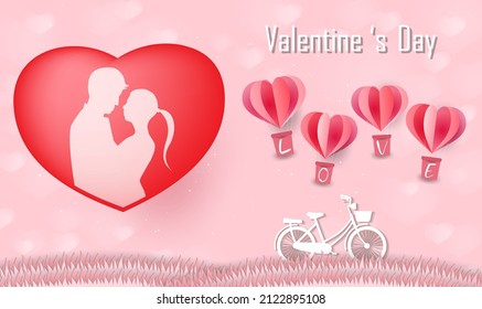 Love and Valentine day, Lovers stand and a paper art heart shape balloon floating in the sky. craft style.