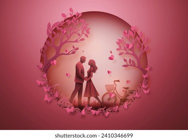 love an Valentine day, loving couple under tree,  greeting card paper cut art style.Content with vector Application and Program  advance  tools, multi layers and groups, not image trace from bitmap.