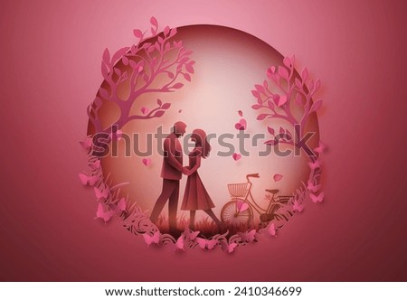 love an Valentine day, loving couple under tree,  greeting card paper cut art style.Content with vector Application and Program  advance  tools, multi layers and groups, not image trace from bitmap.