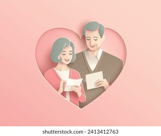 
love and Valentine day, loving  couples over 50 years old in love heart frame ,  greeting card paper cut art style.Content with vector Application and Program  advance  tools, multi layers and groups