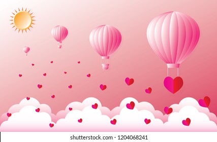 love and Valentine day on the sky pink. air balloon float over clouds and heart pink and red, sun, paper art and Vector illustration.