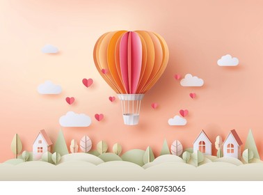 Love and Valentine day ,Origami made hot air balloon in a heart shape on sky with cloud , copy space, greeting card.Paper cut art style.