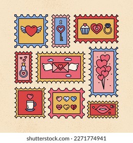 Love Valentine Day Postal Stamps. Vector Illustration of Happy Wedding Concept.