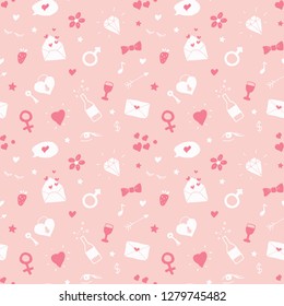 Love and Valentine Day seamless pattern vector illustration. Hand drawn sketched doodle romantic symbols background.