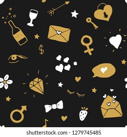 Love and Valentine Day seamless pattern vector illustration. Hand drawn sketched doodle romantic symbols background.