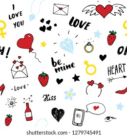 Love and Valentine Day seamless pattern vector illustration. Hand drawn sketched doodle romantic symbols background.