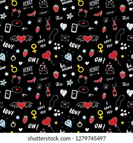 Love and Valentine Day seamless pattern vector illustration. Hand drawn sketched doodle romantic symbols background.