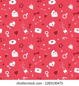 Love and Valentine Day seamless pattern vector illustration. Hand drawn sketched doodle romantic symbols background.