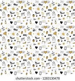 Love and Valentine Day seamless pattern vector illustration. Hand drawn sketched doodle romantic symbols background.