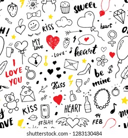 Love And Valentine Day Seamless Pattern Vector Illustration. Hand Drawn Sketched Doodle Romantic Symbols Background.