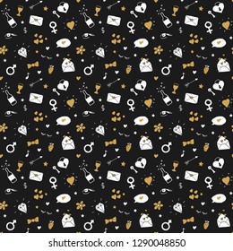 Love and Valentine Day seamless pattern vector illustration. Hand drawn sketched doodle romantic symbols background.