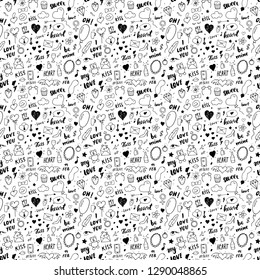 Love and Valentine Day seamless pattern vector illustration. Hand drawn sketched doodle romantic symbols background.