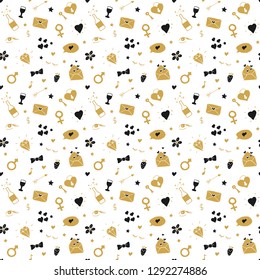 Love and Valentine Day seamless pattern vector illustration. Hand drawn sketched doodle romantic symbols background.