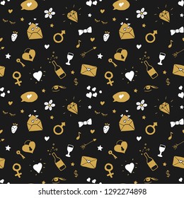 Love and Valentine Day seamless pattern vector illustration. Hand drawn sketched doodle romantic symbols background.