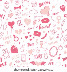 Love and Valentine Day seamless pattern vector illustration. Hand drawn sketched doodle romantic symbols background.