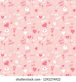 Love and Valentine Day seamless pattern vector illustration. Hand drawn sketched doodle romantic symbols background.