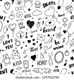 Love and Valentine Day seamless pattern vector illustration. Hand drawn sketched doodle romantic symbols background.