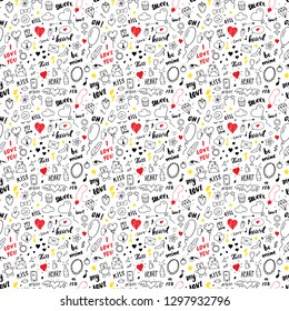 Love and Valentine Day seamless pattern vector illustration. Hand drawn sketched doodle romantic symbols background.