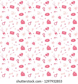 Love and Valentine Day seamless pattern vector illustration. Hand drawn sketched doodle romantic symbols background.