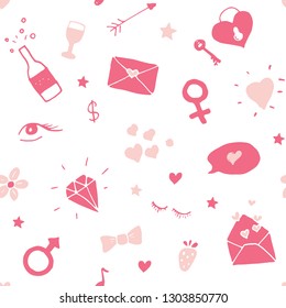 Love and Valentine Day seamless pattern vector illustration. Hand drawn sketched doodle romantic symbols background.