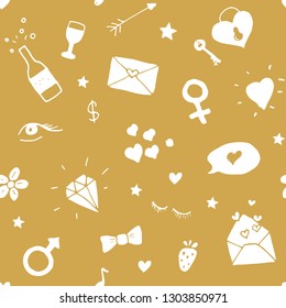 Love and Valentine Day seamless pattern vector illustration. Hand drawn sketched doodle romantic symbols background.