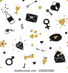 Love and Valentine Day seamless pattern vector illustration. Hand drawn sketched doodle romantic symbols background.