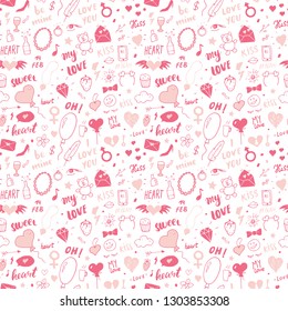 Love and Valentine Day seamless pattern vector illustration. Hand drawn sketched doodle romantic symbols background.