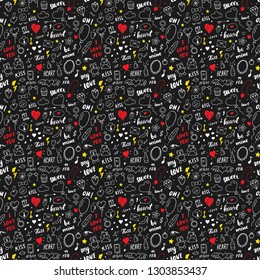 Love and Valentine Day seamless pattern vector illustration. Hand drawn sketched doodle romantic symbols background.