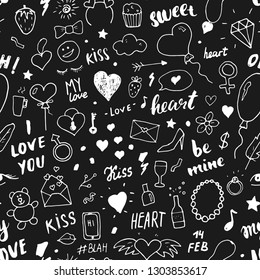 Love and Valentine Day seamless pattern vector illustration. Hand drawn sketched doodle romantic symbols background.