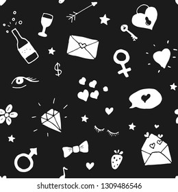 Love and Valentine Day seamless pattern vector illustration. Hand drawn sketched doodle romantic symbols background.