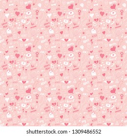 Love and Valentine Day seamless pattern vector illustration. Hand drawn sketched doodle romantic symbols background.