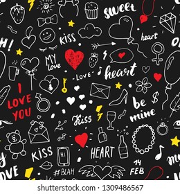 Love and Valentine Day seamless pattern vector illustration. Hand drawn sketched doodle romantic symbols background.