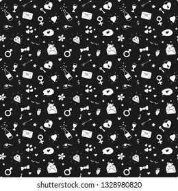 Love and Valentine Day seamless pattern vector illustration. Hand drawn sketched doodle romantic symbols background.