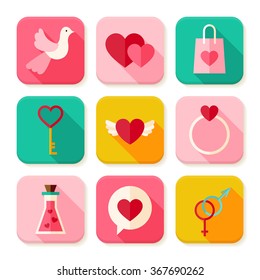 Love Valentine Day Square App Icons Set. Flat Design Vector Illustration. Happy Valentine Day Colorful Objects. Icons for Website and Mobile Application.